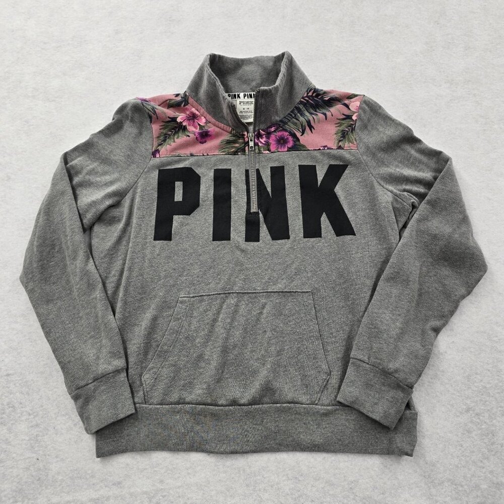 Victoria’s Secret PINK Quarter Zip Pullover Sweatshirt Sz M Gray Tropical Floral